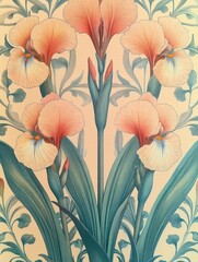 Detailed illustration of peach-colored irises with soft green leaves and decorative blue botanical patterns on a light beige background, evoking elegance and tranquility