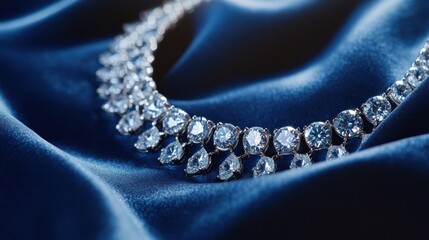 Fototapeta premium Elegant diamond necklace displayed on luxurious blue velvet fabric