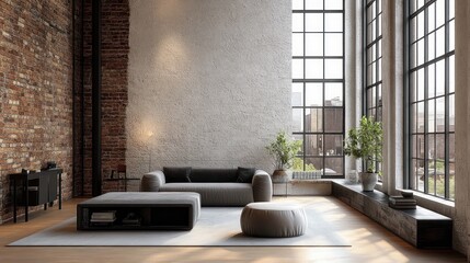 Modern industrial style living room with exposed brick wall, large floor-to-ceiling windows, gray sofa, ottoman, and indoor plants basking in natural sunlight