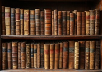 Shelves filled with old, leather-bound books with varying textures and colors, evoking a sense of history, knowledge, and timelessness