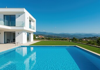 Modern white house with swimming pool and mountain view under blue sky
