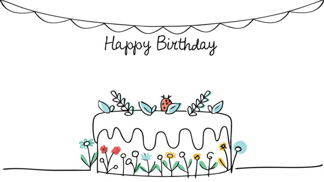 A birthday cake with flowers and a ladybug on top under a banner with happy birthday message in black ink