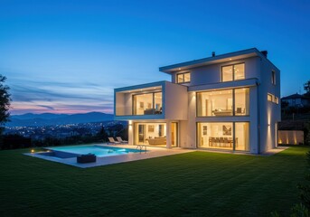 Modern house with swimming pool and city view at twilight