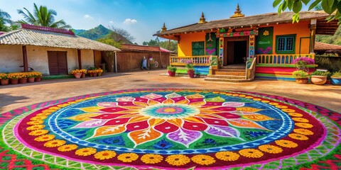 Traditional Indian village with vibrant rangoli patterns and festive decorations