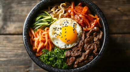 Delicious korean bibimbap bowl with sunny side up egg kimchi beef and vegetables on rustic wooden table