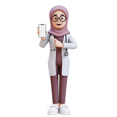 3D render muslim woman doctor character is holding a cell phone and pointing to it