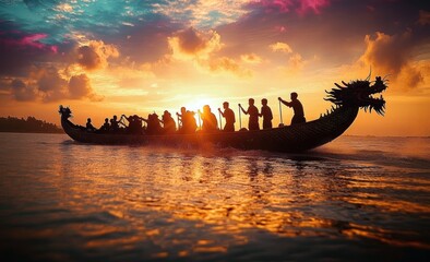 Silhouetted group rowing a dragon boat together on calm water during a vibrant sunset with colorful clouds reflecting on the water surface