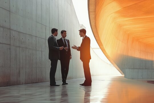 Three men in business suits having a serious conversation in a modern architectural space with concrete walls and wooden curved ceiling illuminated by warm light