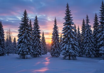 Snow covered trees at sunset in a winter wonderland landscape