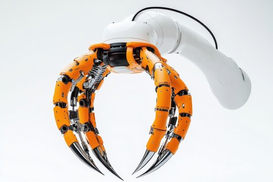 white robotic arm with orange segmented claw and sharp black metallic tips isolated on white background