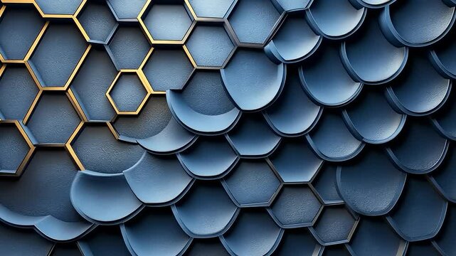 Blue and Gold Geometric Pattern Background with Hexagons and Circular Shapes Texture