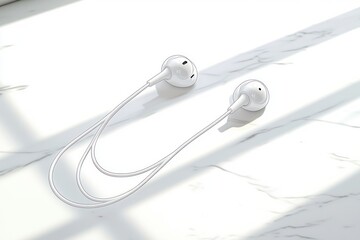 White wired earbuds placed on a smooth white marble surface with soft natural light and shadows creating a calm and minimalistic atmosphere