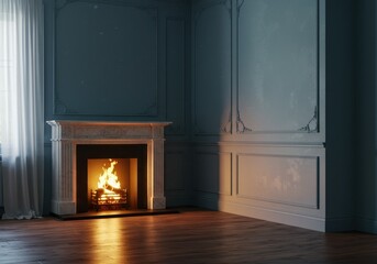 Elegant room with fireplace and warm light illuminating the wooden floor