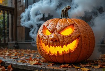 Glowing Pumpkin with Goofy Scary Face and Fog on Autumn Porch — Halloween