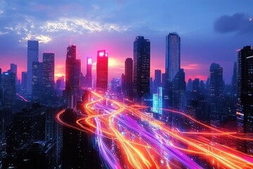 Futuristic city skyline at dusk with illuminated skyscrapers and vibrant light trails of traffic on elevated highways, creating a dynamic and energetic urban atmosphere