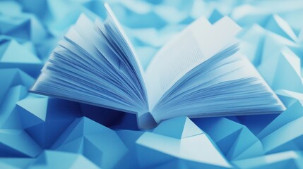 Open book on blue geometric background, knowledge, learning concept