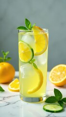 Fototapeta premium Sparkling citrus water with cucumber & mint, marble backdrop , ice, glass, healthy