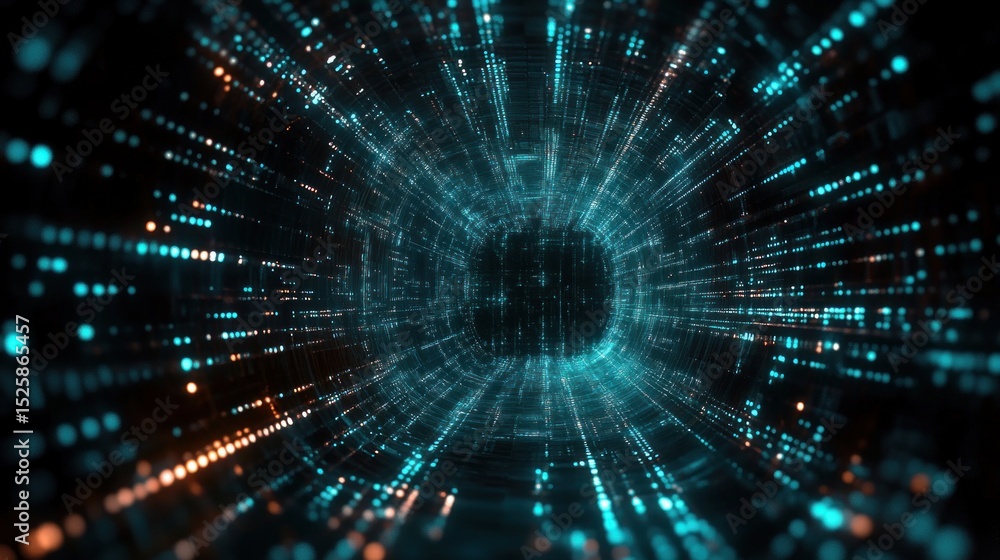 Poster abstract digital tunnel with glowing blue and orange data points creating a sense of depth and motio