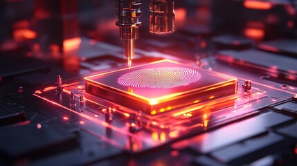 A glowing 3D fingerprint scanner with tiny laser defenses surrounding it 