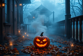 Glowing Scary Pumpkin with Fog and Candles on Autumn Porch — Halloween
