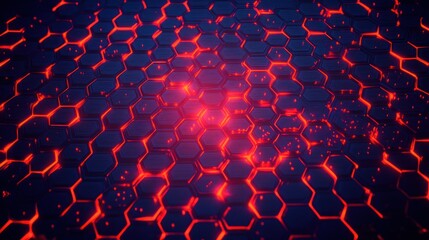 glowing red hexagonal network pattern on dark surface with digital fiery sparks indicating energy flow
