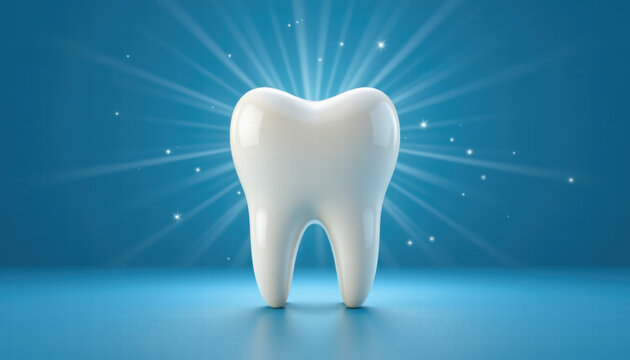 Shiny white tooth stands prominently against blue background, radiating sense of cleanliness and health. bright, glossy surface reflects light, symbolizing dental care and hygiene - Powered by Adobe