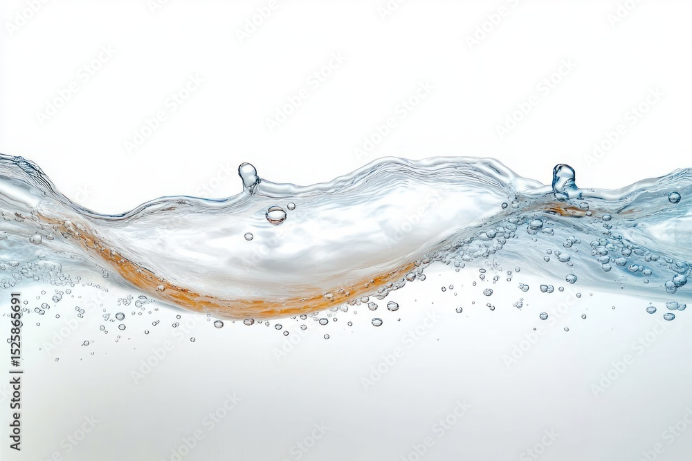 Poster close-up of clear water splash with bubbles and waves on a white background, showing fluid motion an