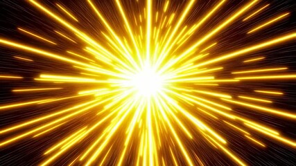 Bright abstract hyperspace jump with golden rays of light shooting from a center point in a burst of speed, moving towards the viewer. - Powered by Adobe