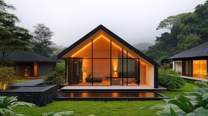 Modern triangular glass house illuminated warmly at dusk surrounded by lush greenery and additional nearby houses in a serene natural setting