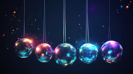 Glowing spheres collide; Newton's cradle, dark background, energy concept, website banner