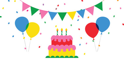 Illustration of a birthday cake with candles, balloons, confetti, and a colorful pennant banner above it