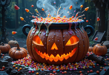 Halloween Giant Pumpkin Cauldron with Bubbling Candy Potion