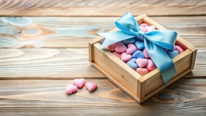 Elegant pink and blue ribbon tied around a wooden gift box filled with heart-shaped candies
