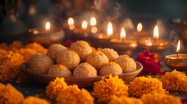 Festive diwali celebration image featuring traditional indian sweets lit diyas and marigold flowers