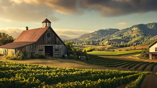 Serene countryside with vineyards and rustic barns