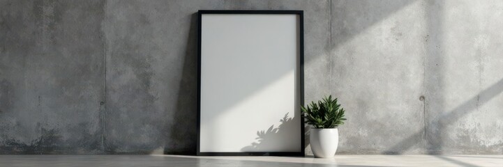 Sleek black frame against textured grey concrete wall , art, photo mockup