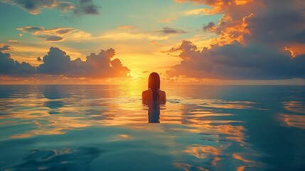 Serene sunset view with a woman standing in calm ocean water