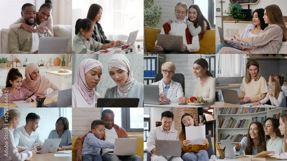 Poster Individuals from various backgrounds engage in collaborative activities using laptops and computers. They are sharing ideas, learning, and connecting in a vibrant environment that highlights teamwork.