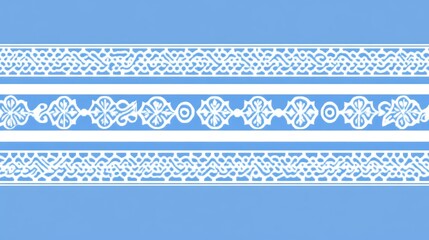White intricate textile borders on light blue background, design element for fabric or wallpaper
