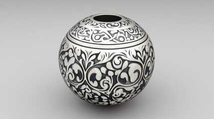 Ornate silver sphere vase, studio shot, grey background, home decor