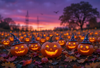 Smiling Mini Pumpkins with Fairy Lights in Colorful Patch — Halloween