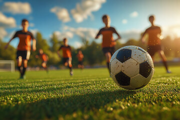 Obraz premium A vibrant football training scene where a group of young soccer players chase after a ball on a lush green field. The scene is captured in the warm afternoon light, 