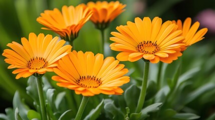 Orange osteospermum flowers bloom in garden, green background, nature photography