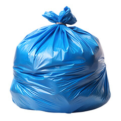 A full blue garbage bag tightly sealed against a clean black background for waste management