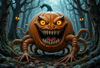 Pumpkin Monster with Goofy Teeth and Tentacles in Haunted Forest — Halloween