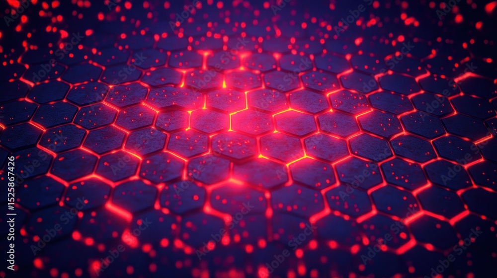 Poster close-up of glowing red hexagonal tiles with illuminated edges forming a futuristic honeycomb patter