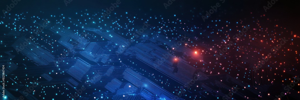 Poster abstract futuristic digital circuit board with glowing blue and red lights representing technology a