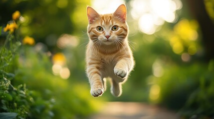 Ginger Tabby Kitten Mid-Air Leap Through Verdant Greenery Natural Light