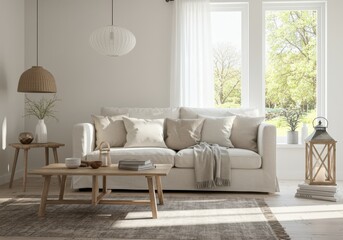 Bright living room with white couch and wooden furniture in daylight