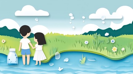Children collecting river water, idyllic landscape, paper art style, environmental campaign
